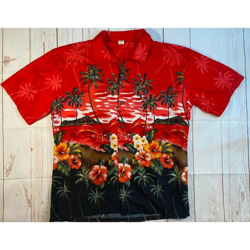 Palmwave Hawaii Red White Hawaiian Shirt Size XL
